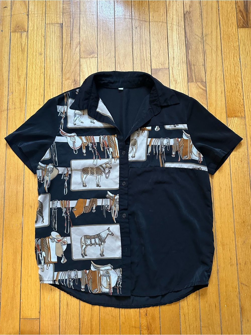 Men's Black Short-Sleeve Button Shirt with Equestrian Print